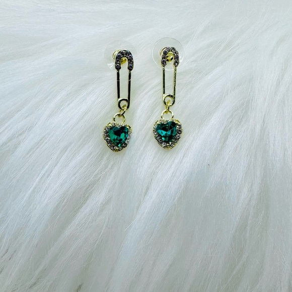 Green Heart w/ Rhinestones Dangle Earrings - Picture 2 of 5